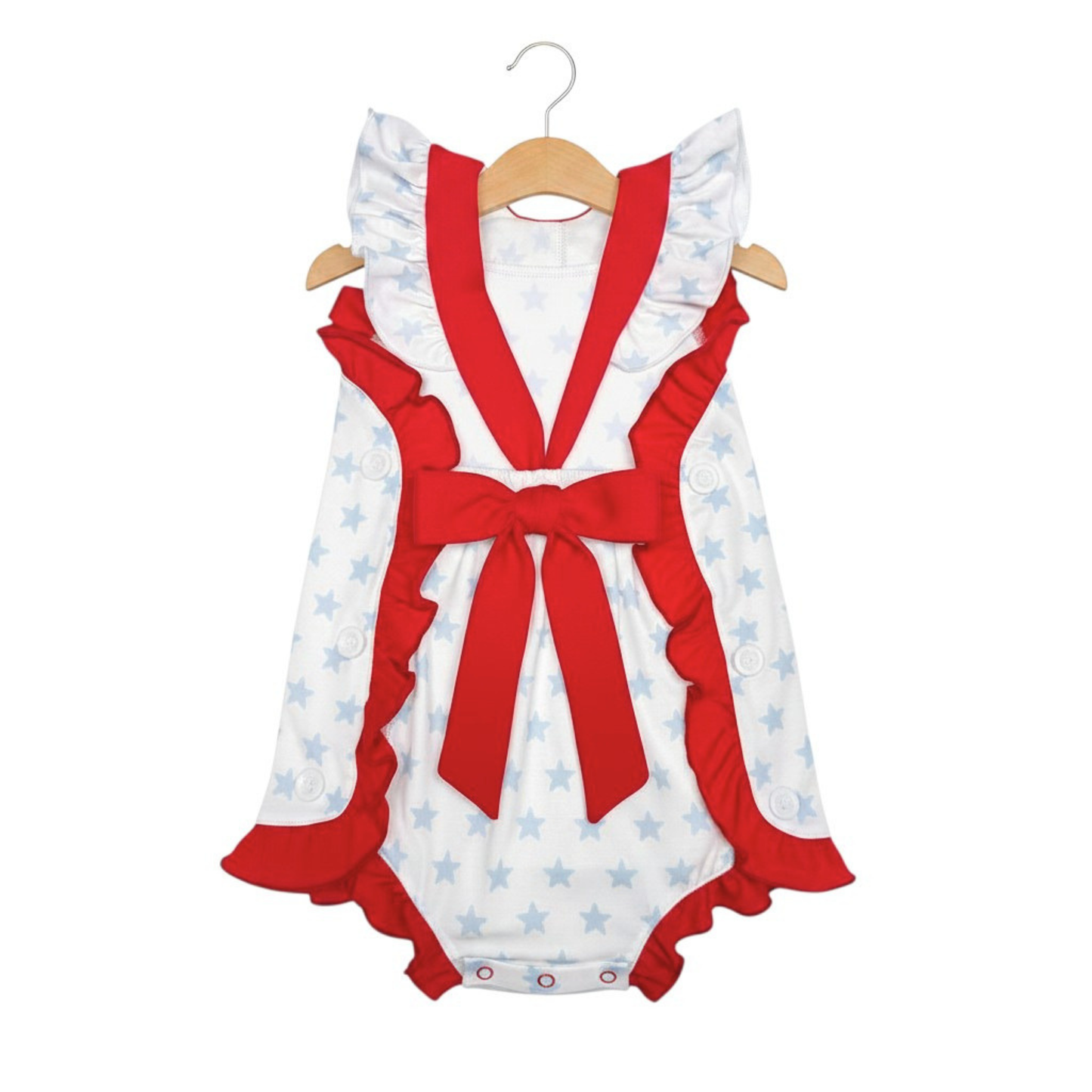 The Little Lemons Company Red, White, and Stars Girl Bow Bubble Romper