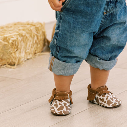 Freshly Picked Suede Cow Print Moccasin Baby Shoe