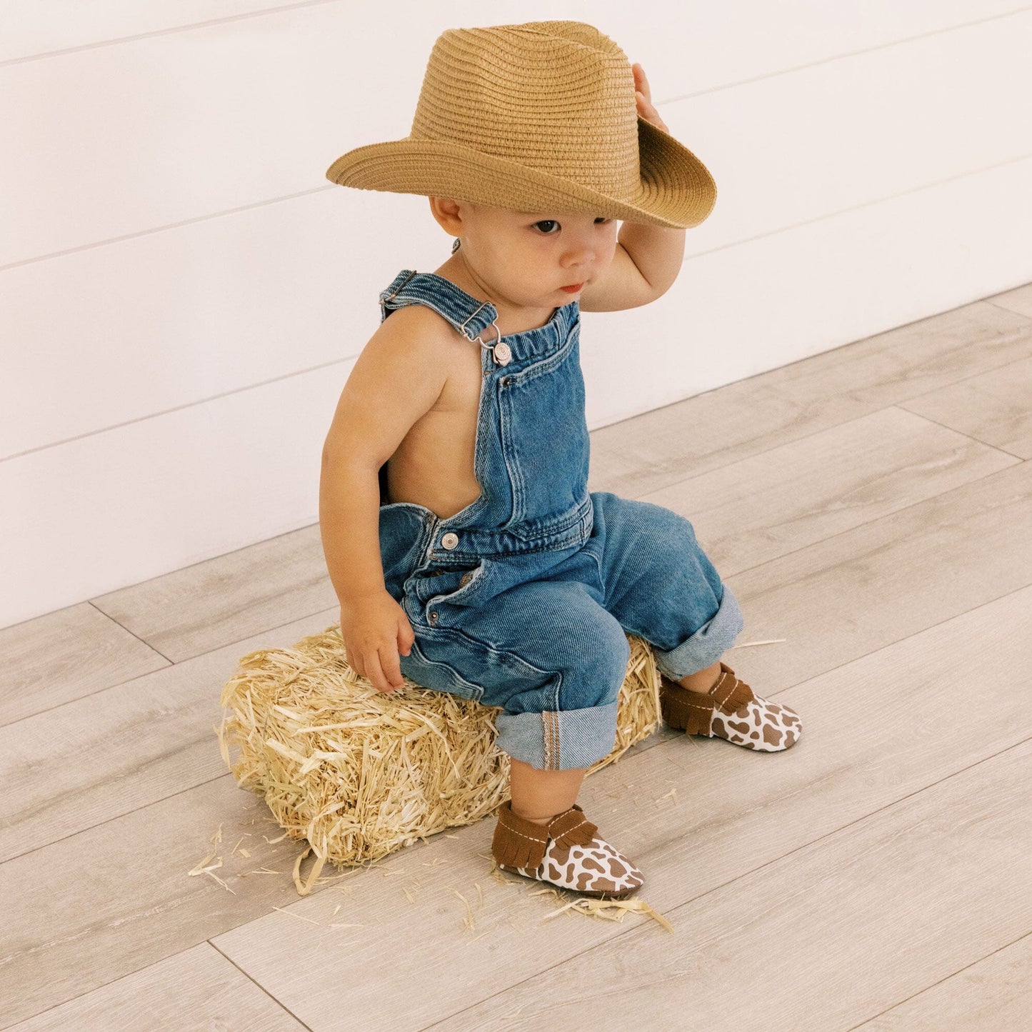 Freshly Picked Suede Cow Print Moccasin Baby Shoe