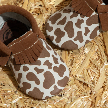Freshly Picked Suede Cow Print Moccasin Baby Shoe