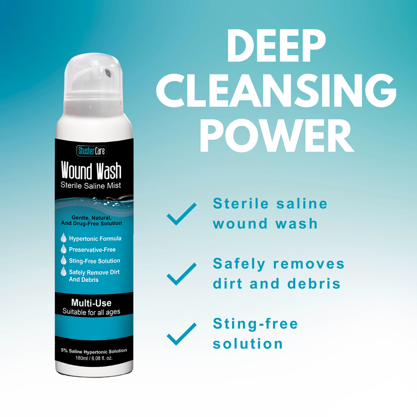 Shusher Care Wound Wash Spray – Sterile 5% Hypertonic Saline