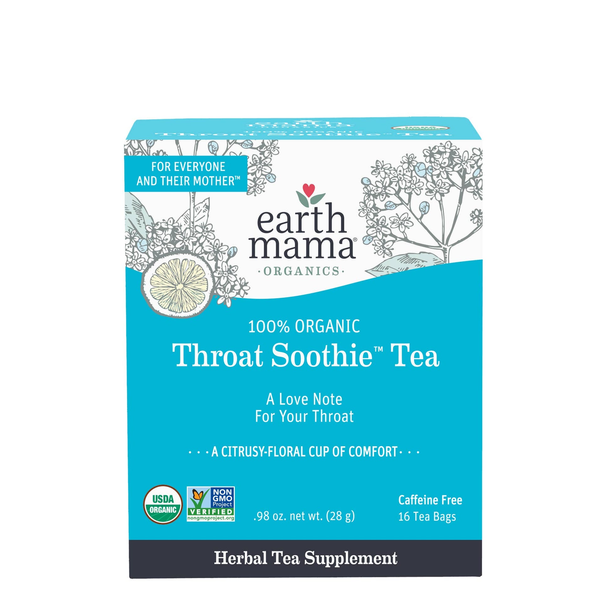 Box of earth mama Organics Throat Soothie Tea on a white background