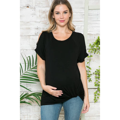 Maternity Basic Summer Crew Neck Solid Top with Front Knott