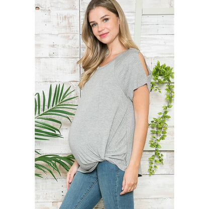 Maternity Basic Summer Crew Neck Solid Top with Front Knott