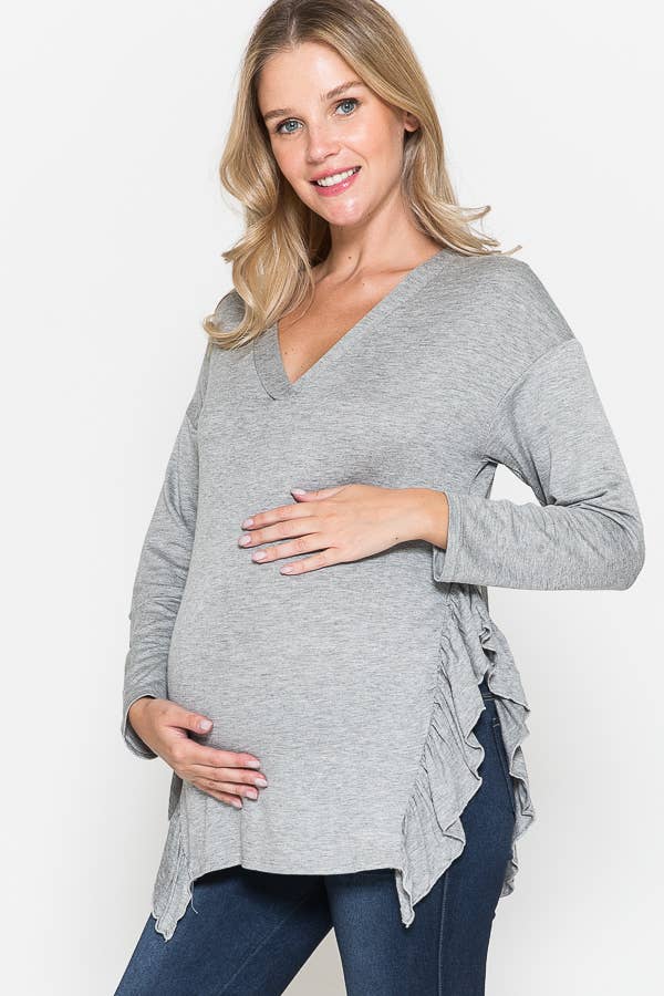 Maternity V-Neck Frill Ruffle French Terry Solid Basic Top