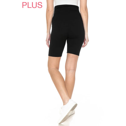 Back view of a pregnant woman in Plus Size Buttery Soft Print Maternity Shorts