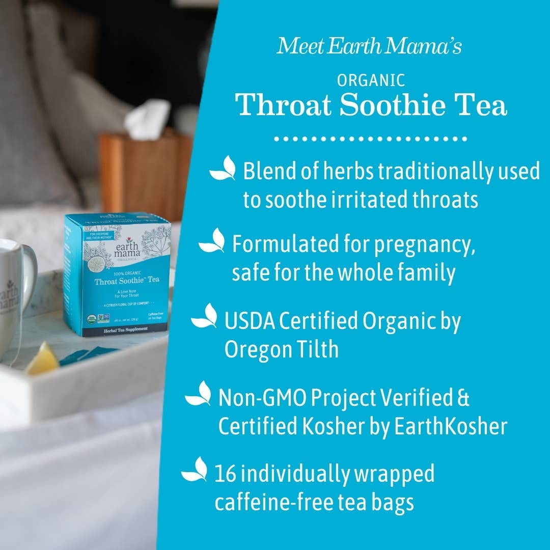 Earth Mama Organic Throat Soothie Tea packaging with product details on a blurred background