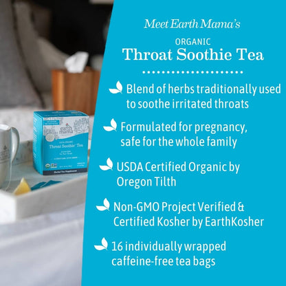 Earth Mama Organic Throat Soothie Tea packaging with product details on a blurred background