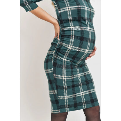 3/4 Sleeve Plaid Bodycon Maternity Dress