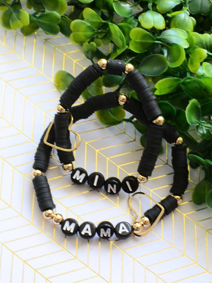 Mama Mini Black Gold Beaded Stretch Bracelet Jewelry Set