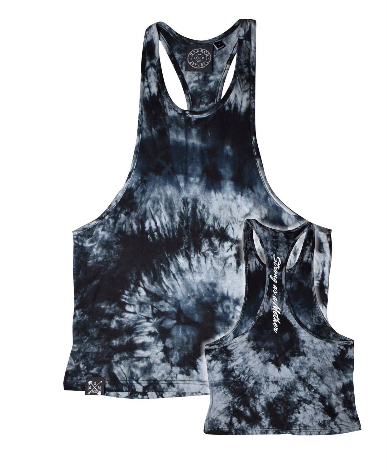 Front and back view of a black and gray tie-dye tank top with "Strong As A Mother" on a white background