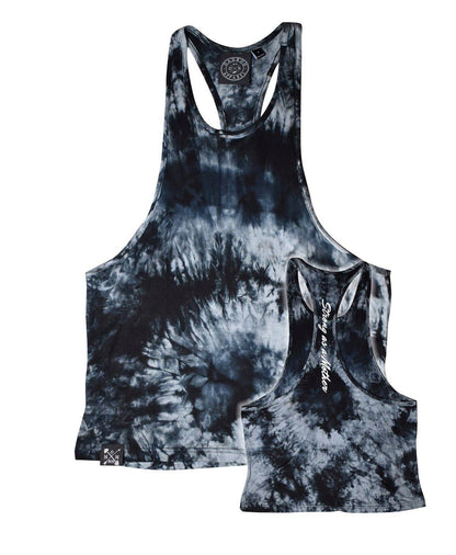 Front and back view of a black and gray tie-dye tank top with "Strong As A Mother" on a white background