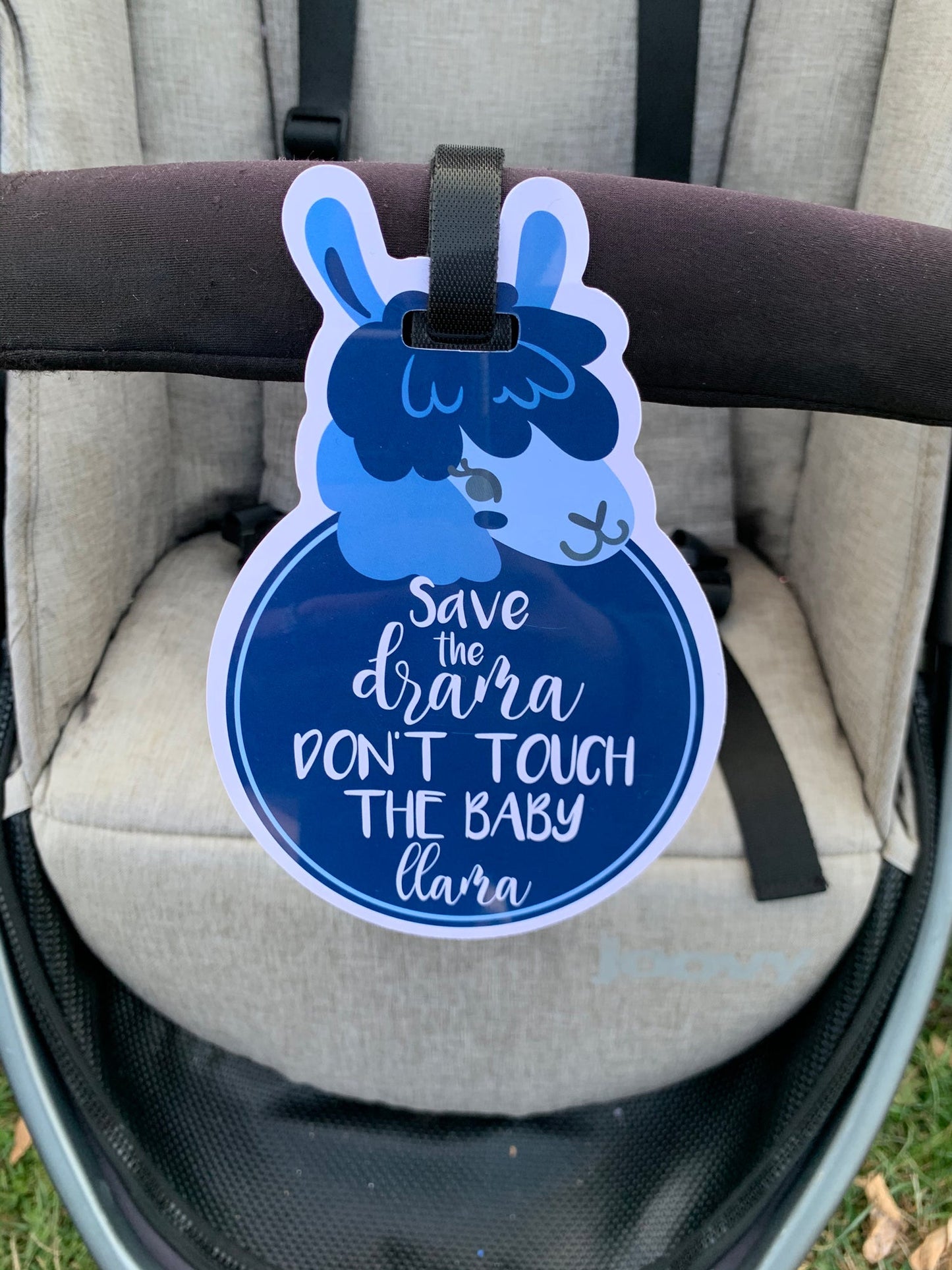 Three Little Tots Blue Llama No Touching Baby Car Seat Tag