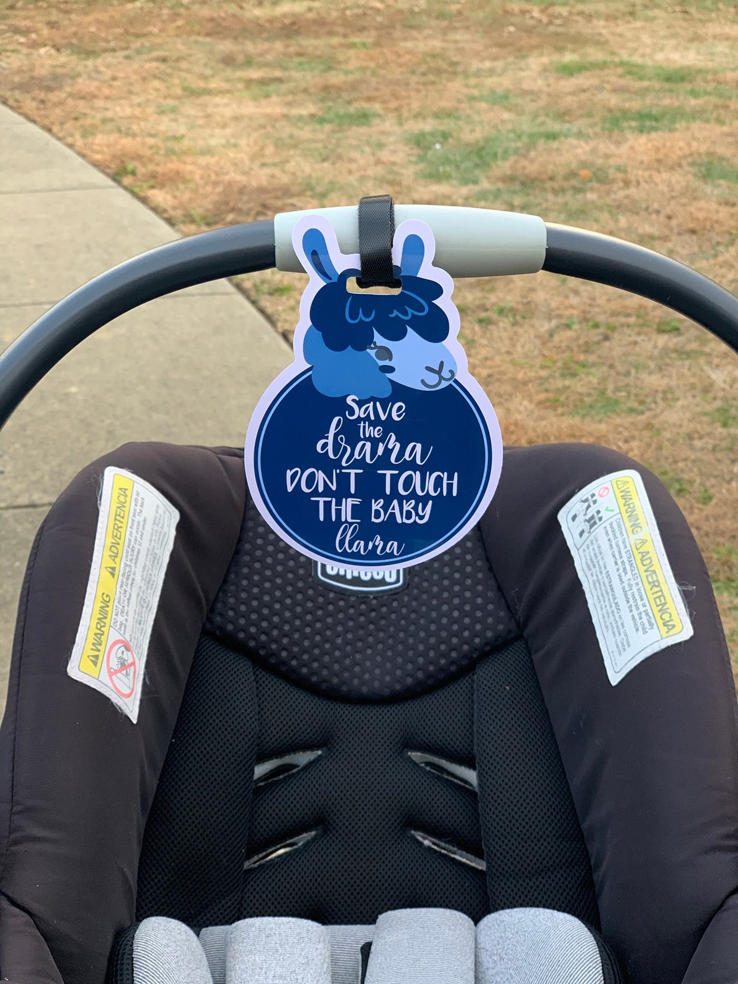 Three Little Tots Blue Llama No Touching Baby Car Seat Tag
