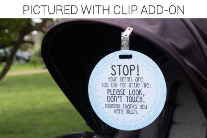 Three Little Tots Blue Stop No Touching Newborn Baby Car Seat Tag