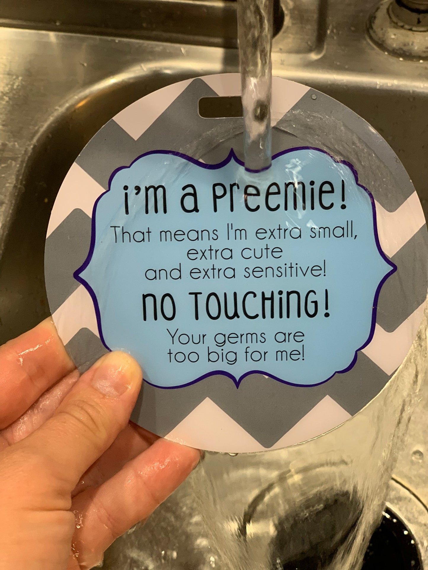 Three Little Tots I'm A Preemie Boy No Touching Baby Car Seat Sign Tag