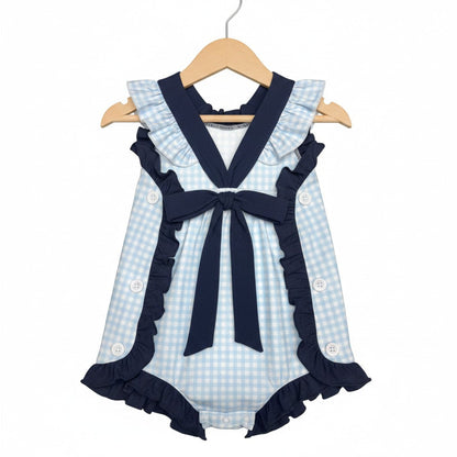 The Little Lemons Company Classic Navy Gingham Bow and Button Romper