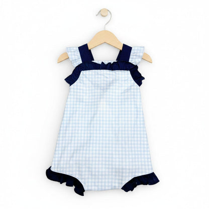 The Little Lemons Company Classic Navy Gingham Bow and Button Romper