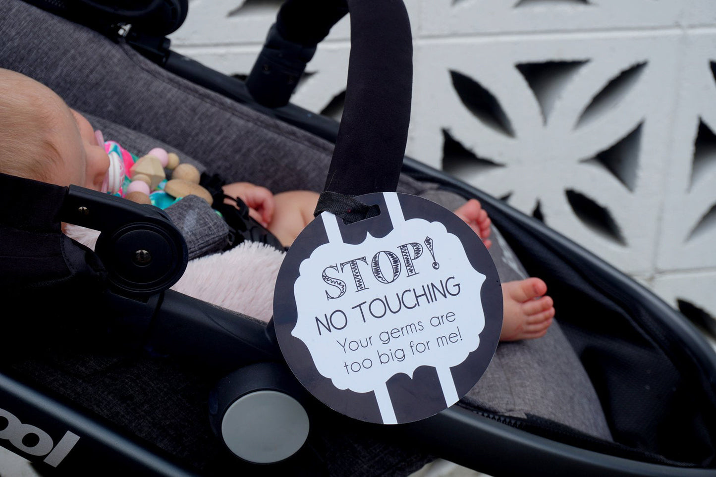 Three Little Tots Black and White No Touching Baby Car Seat Sign Tag