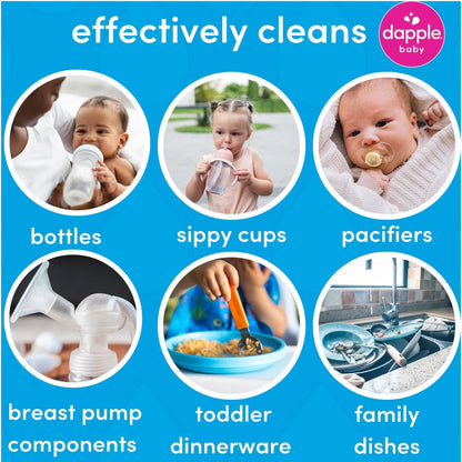 Dapple Baby product advertisement showing various baby items with cleaning capabilities.