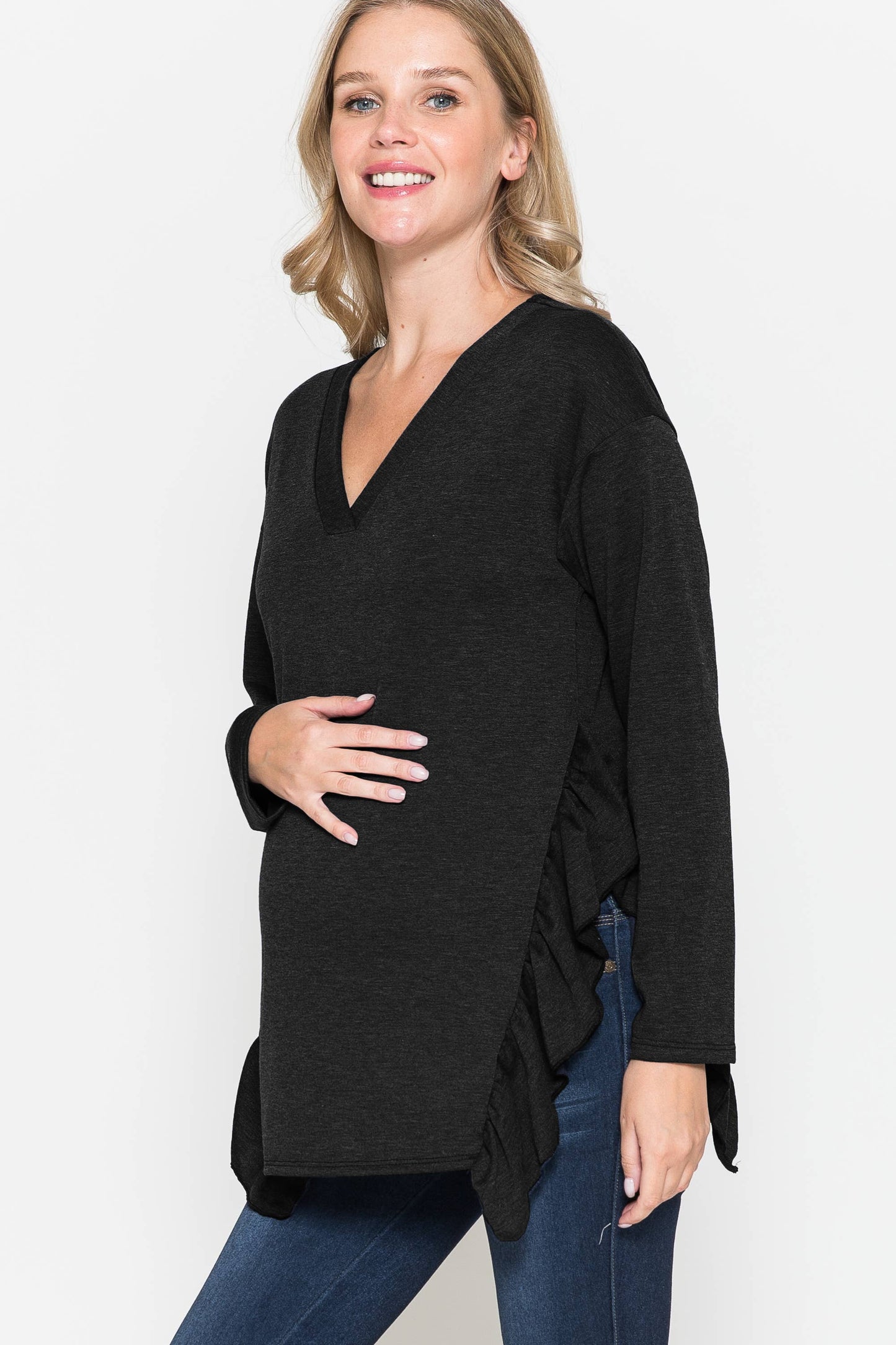 Maternity V-Neck Frill Ruffle French Terry Solid Basic Top
