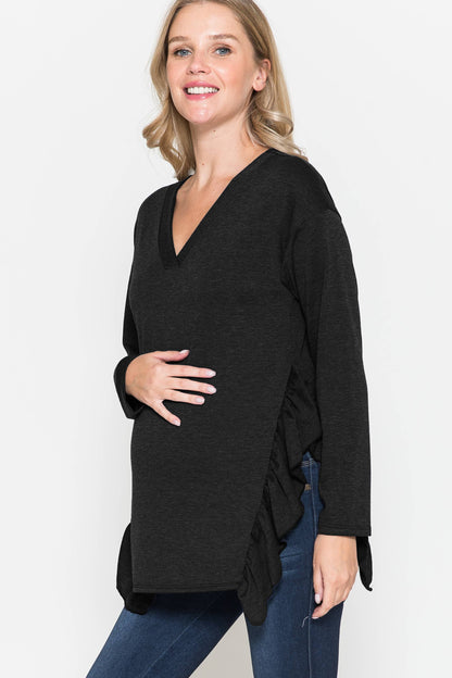 Maternity V-Neck Frill Ruffle French Terry Solid Basic Top