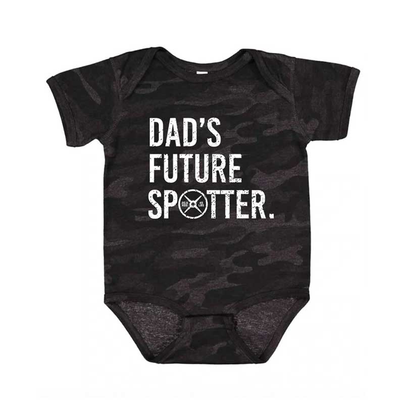 Black camouflage baby onesie with 'Dad's Future Spotter' text on a white background
