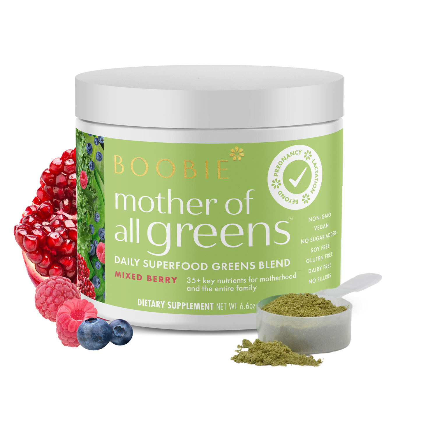 A tub of Boobie Superfoods Mother of All Greens powder in the Mixed Berry flavor with a scoop of the powder and fruits around it.