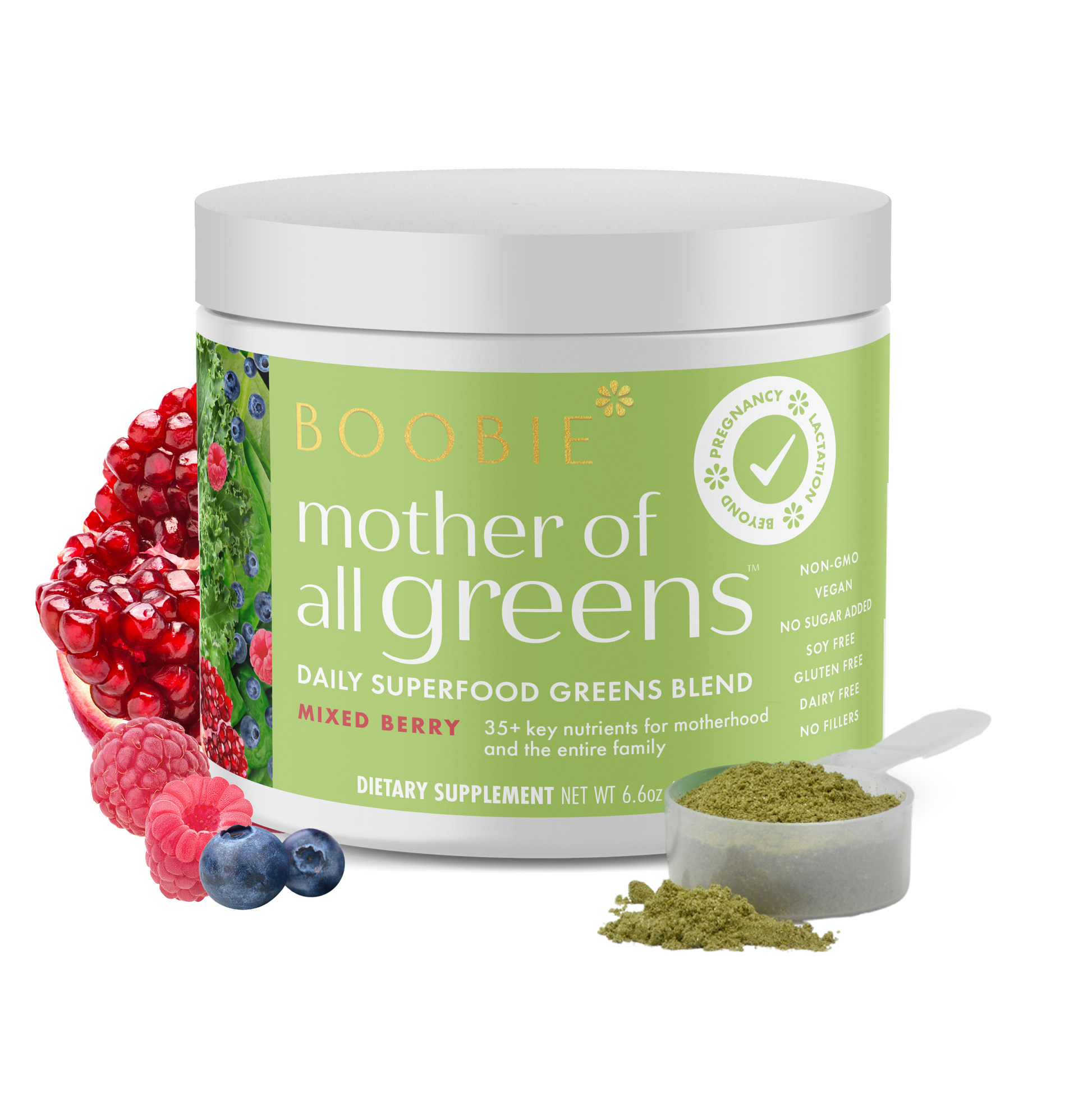A tub of Boobie Superfoods Mother of All Greens powder in the Mixed Berry flavor with a scoop of the powder and fruits around it.