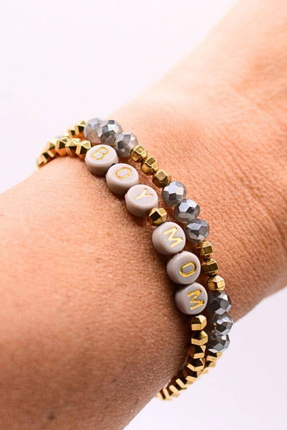Boy Mom Gold & Gray Beaded Stretch Stack