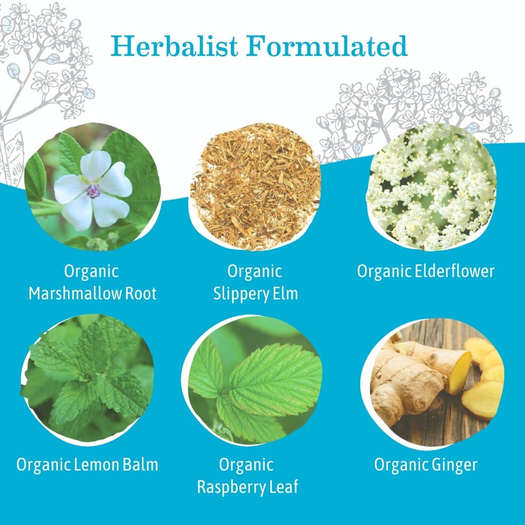 Herbal ingredients including Organic Marshmallow Root, Slippery Elm, Elderflower, Lemon Balm, Raspberry Leaf, and Ginger on a blue background.