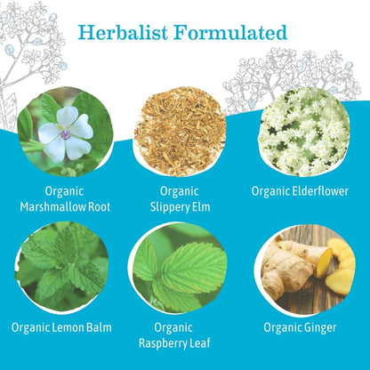 Herbal ingredients including Organic Marshmallow Root, Slippery Elm, Elderflower, Lemon Balm, Raspberry Leaf, and Ginger on a blue background.