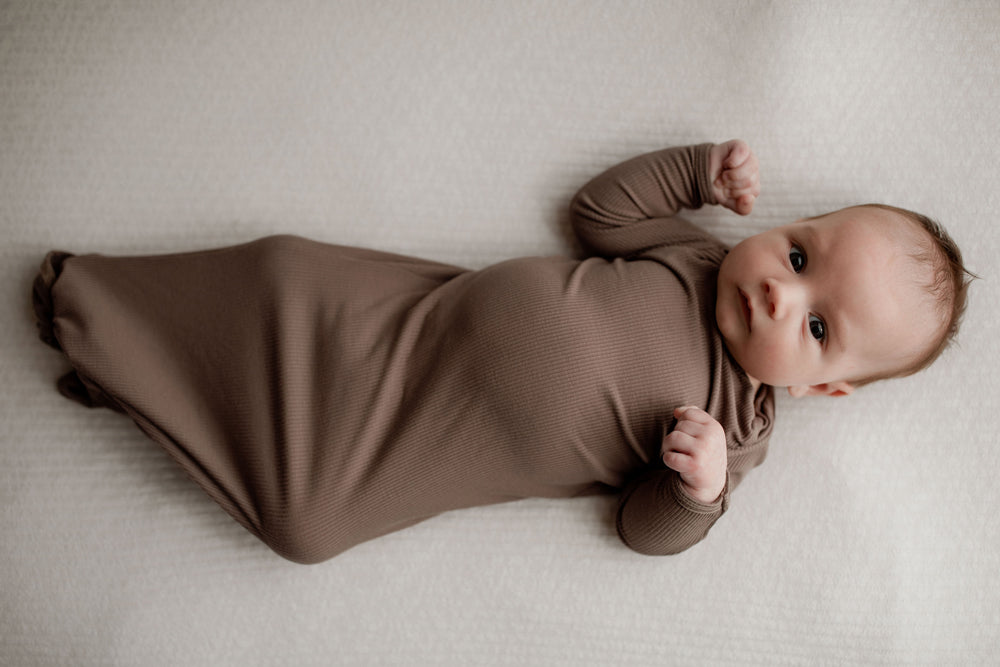 Three Little Tots Cocoa Brown Ribbed Knotted Newborn Baby Gown