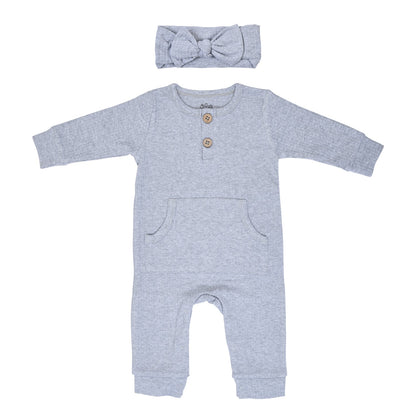Three Little Tots Gray Baby Ribbed Playsuit with Pockets
