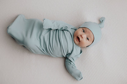 Three Little Tots Blue Bird Ribbed Knotted Newborn Baby Gown