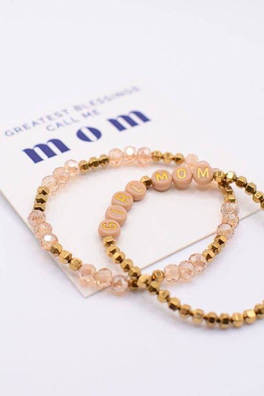 Girl Mom Bracelet Set Pink Beaded on Greatest Blessings card