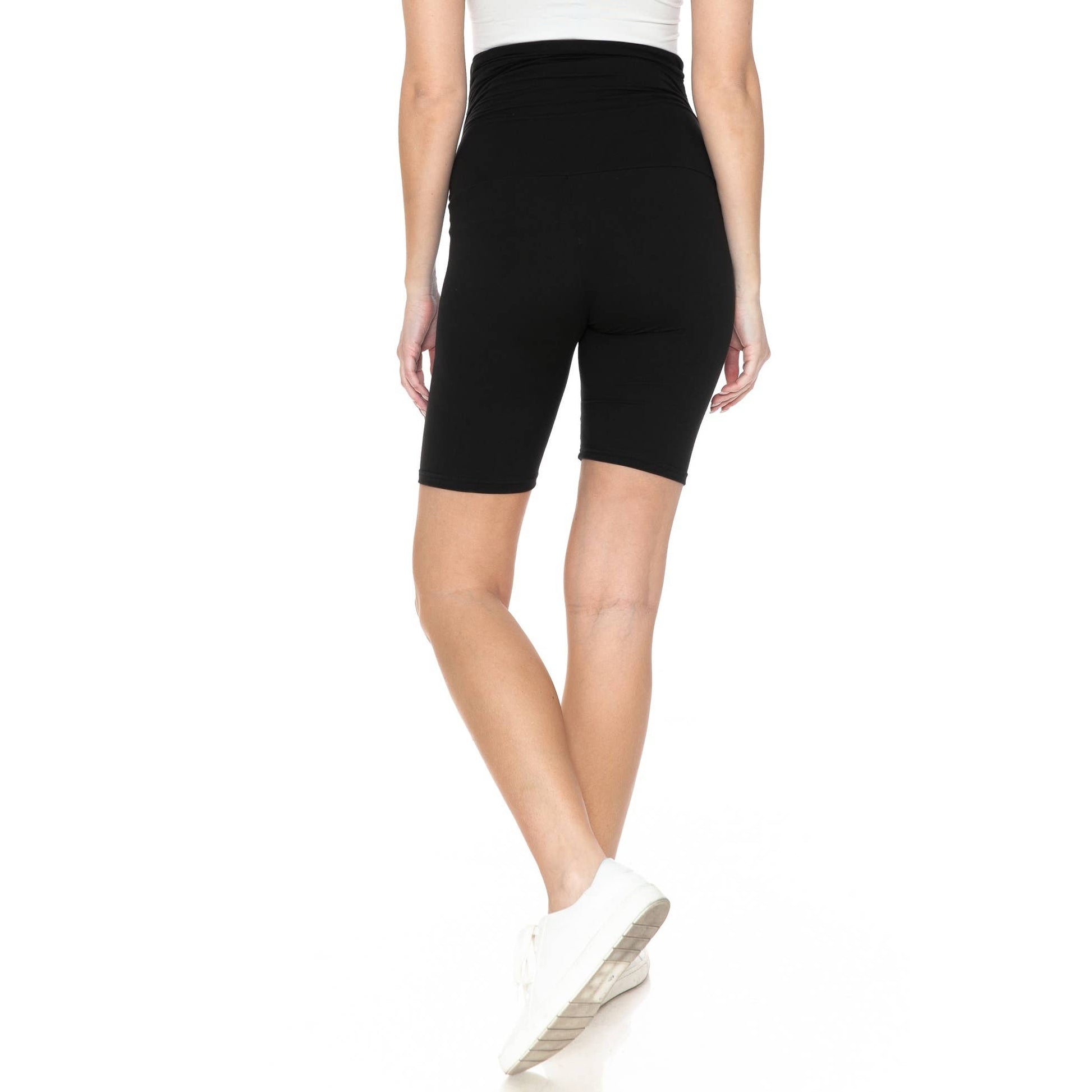 Back view of a pregnant woman in Buttery Soft Print Maternity Shorts.