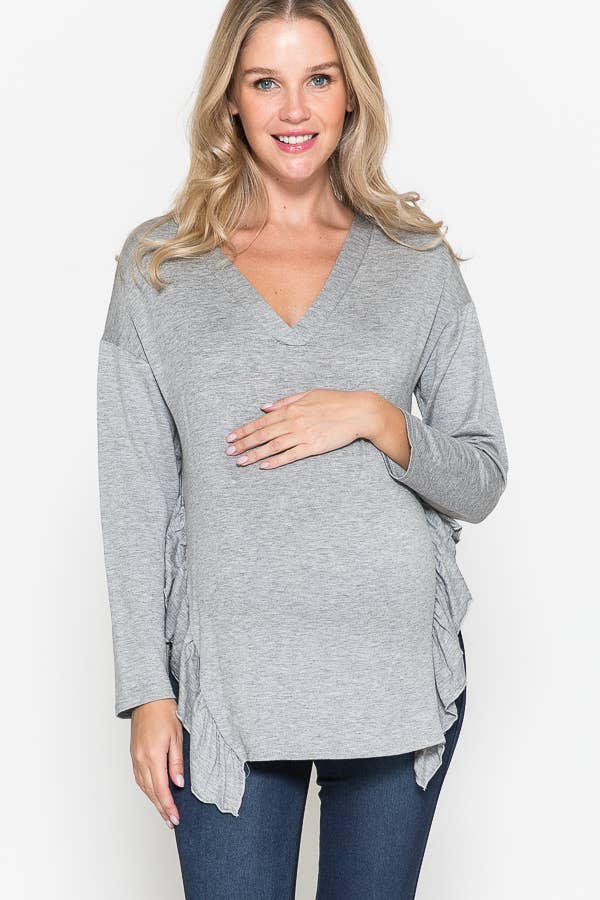 Maternity V-Neck Frill Ruffle French Terry Solid Basic Top