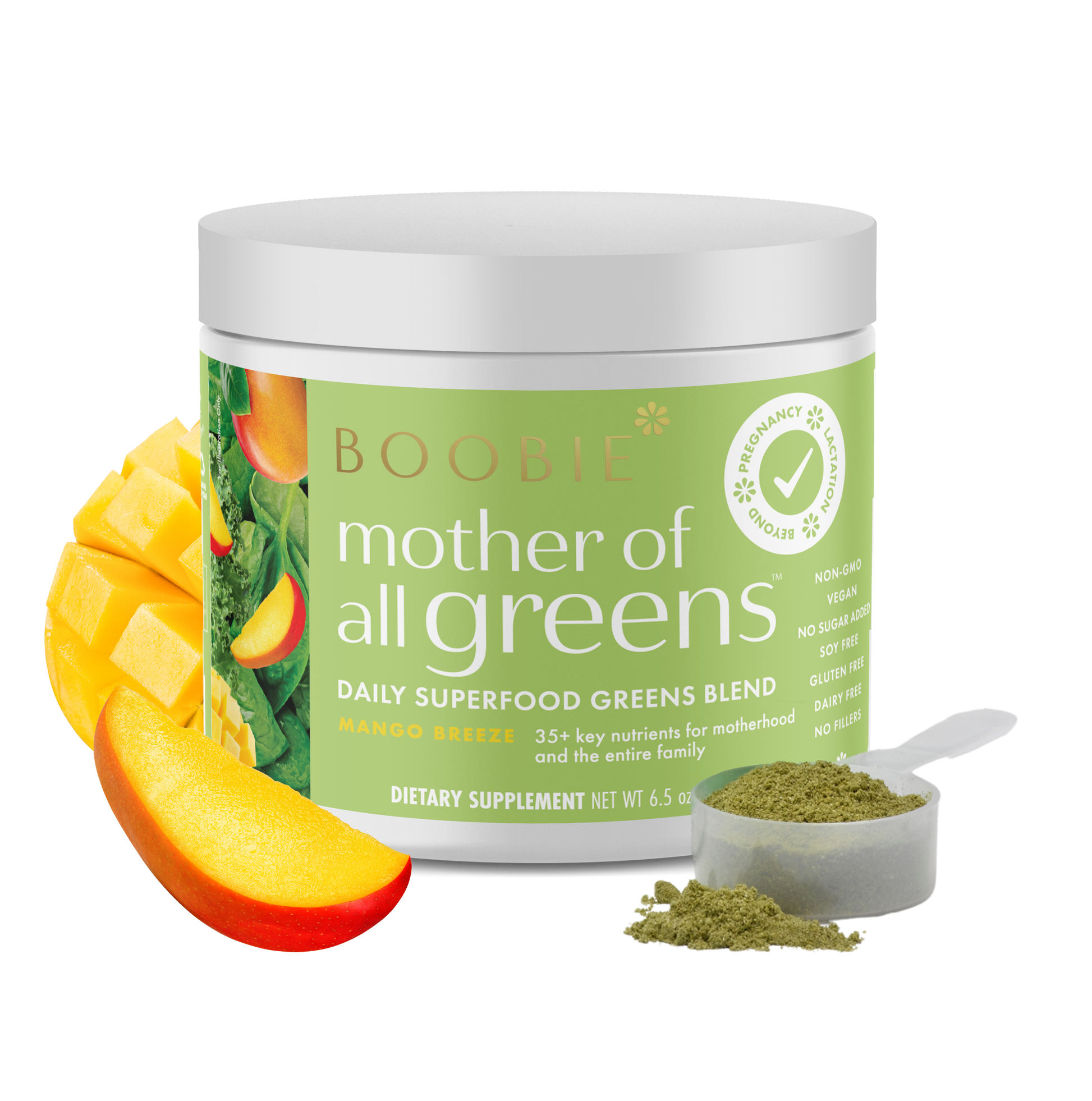 A tub of Boobie Superfoods Mother of All Greens powder in the Mango Breeze flavor with a scoop of the powder and a mango next to it.