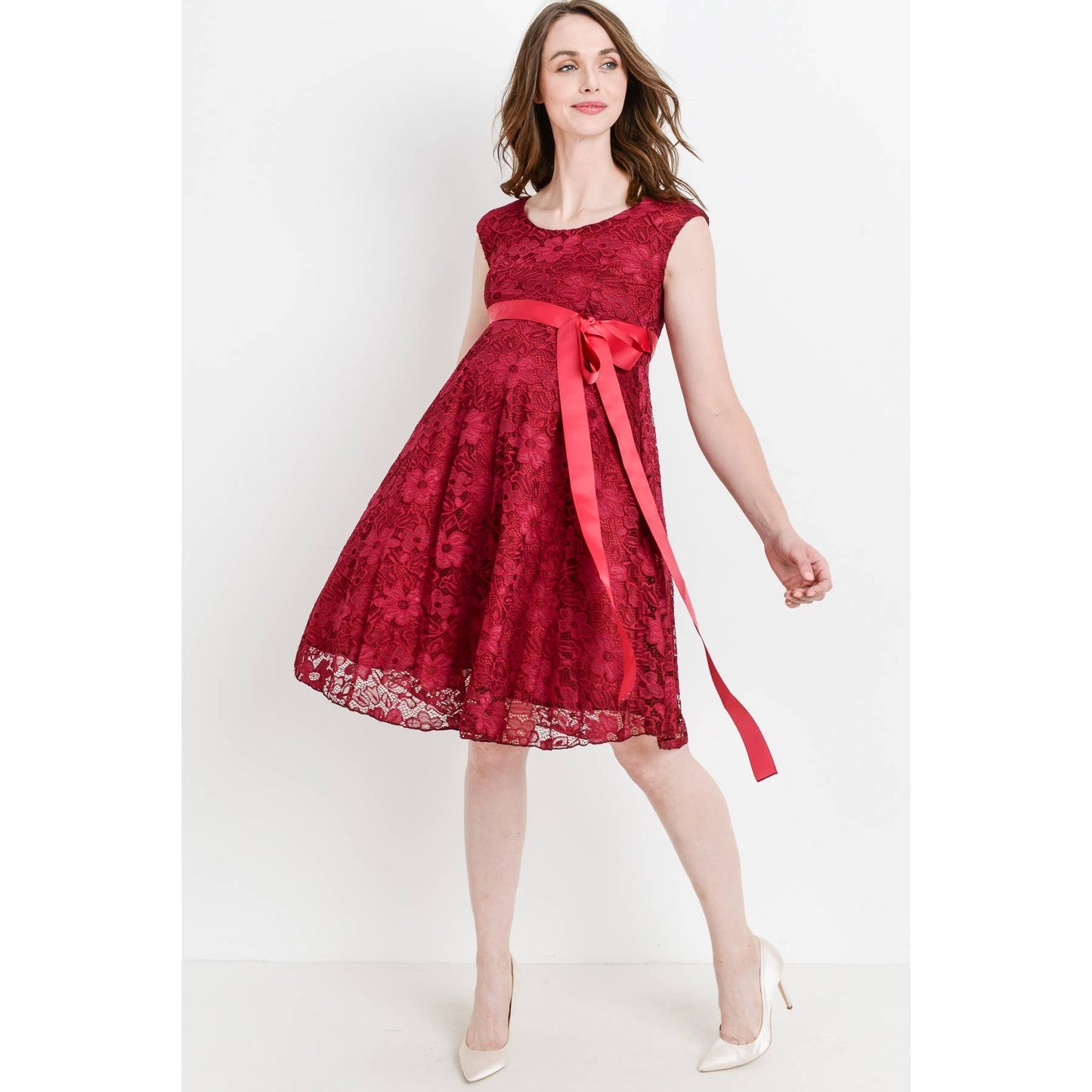 Floral Lace Satin Waist Tie Maternity Dress