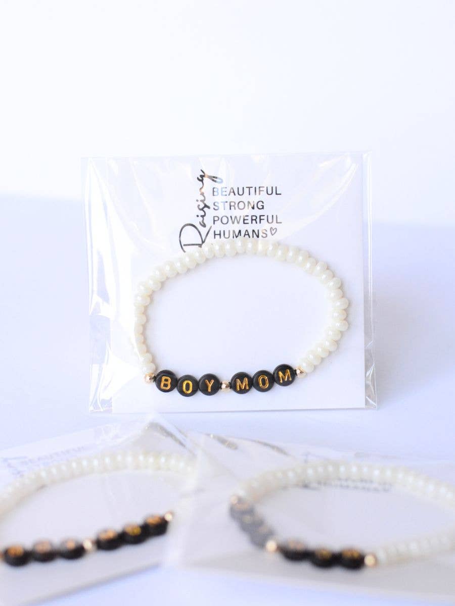 Boy Mom Black and Gold Beaded Pearl Stretch Bracelet