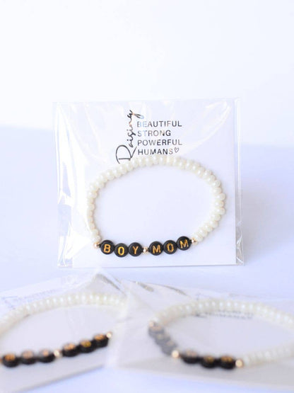 Boy Mom Black and Gold Beaded Pearl Stretch Bracelet