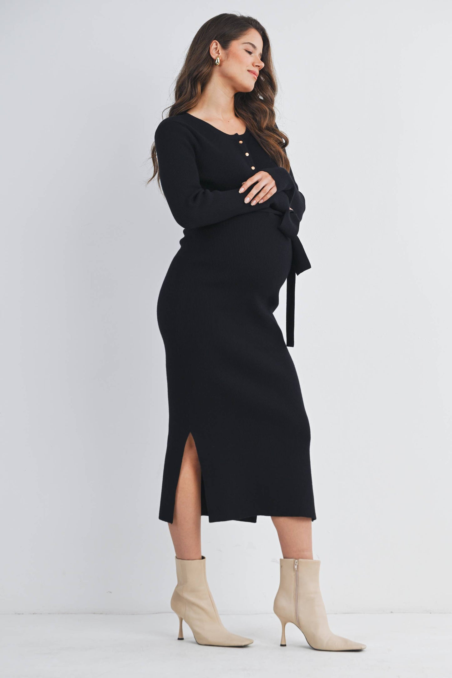 Ribbed Button Front Belted Maternity Midi Dress