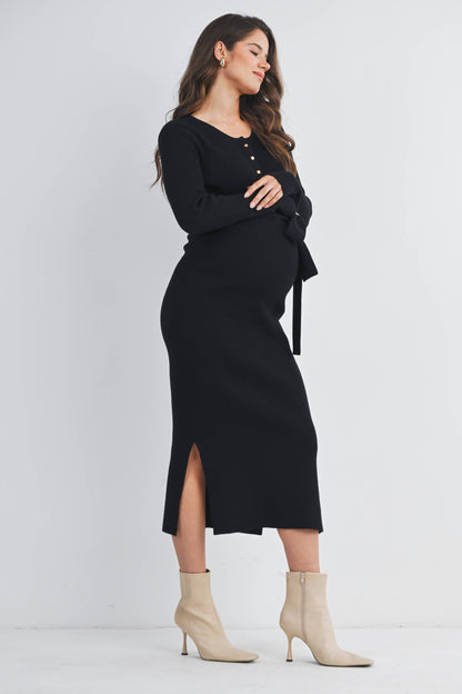 Ribbed Button Front Belted Maternity Midi Dress