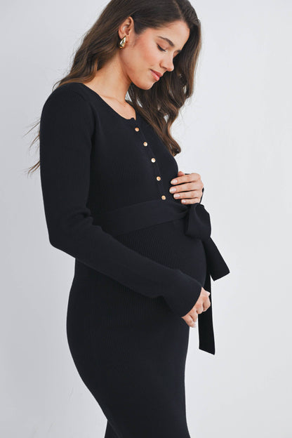 Ribbed Button Front Belted Maternity Midi Dress