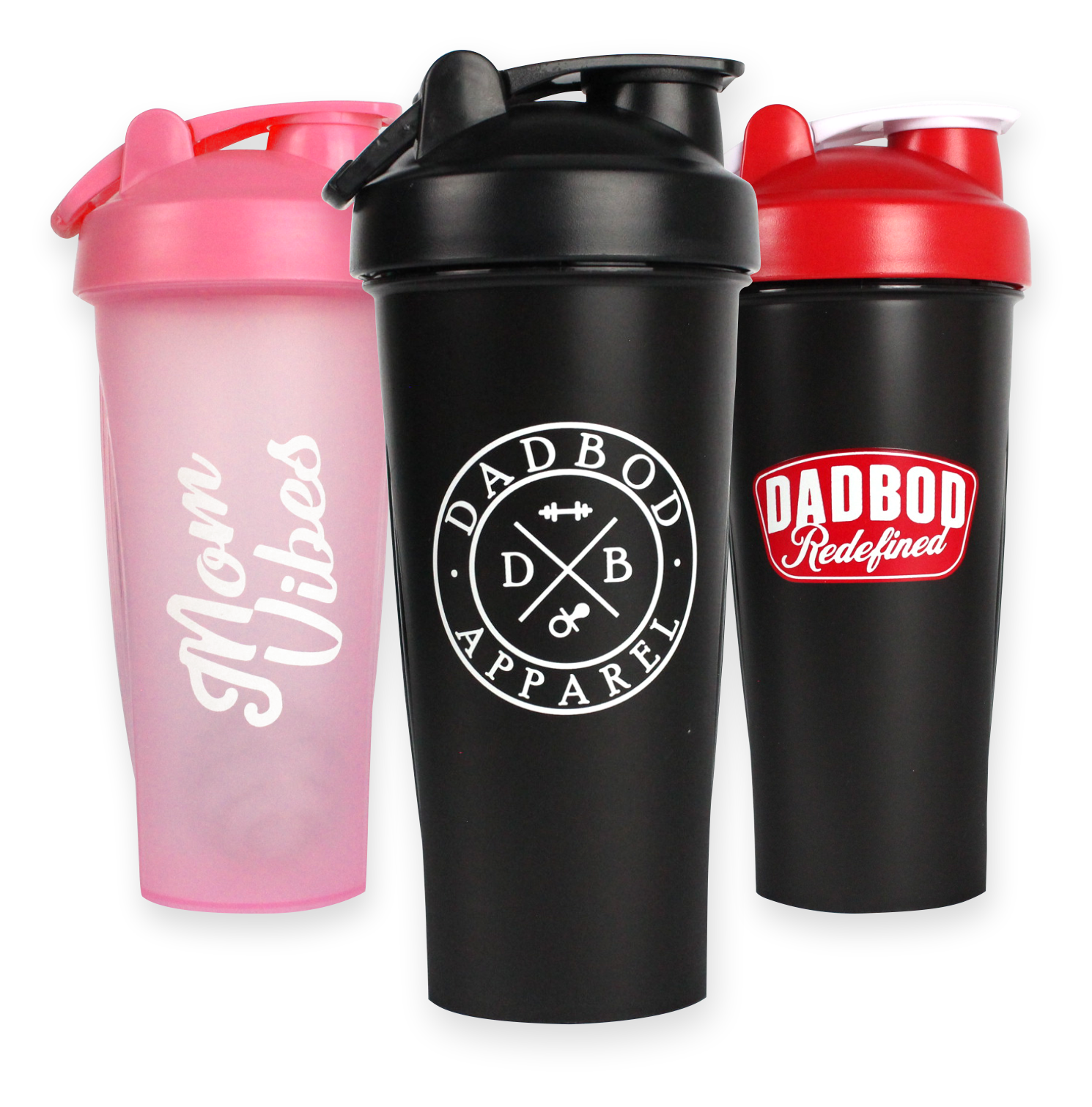 Three shaker bottles with different designs and colors on a white background