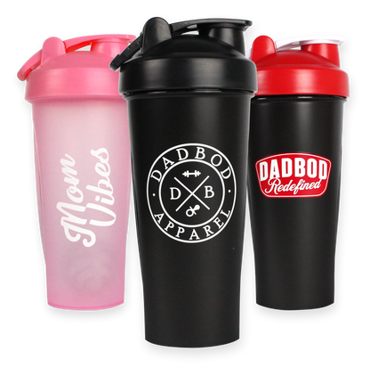 Three shaker bottles with different designs and colors on a white background