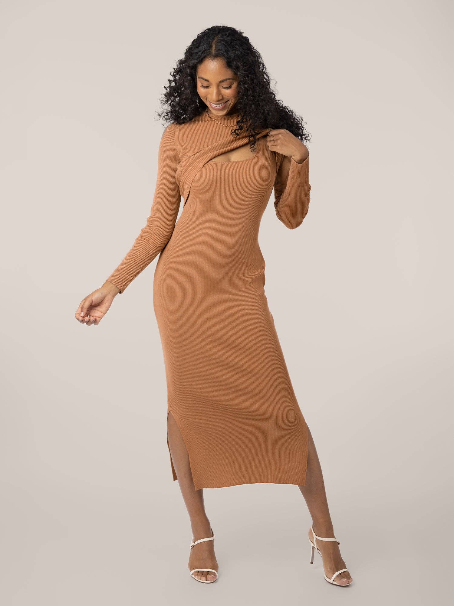 2 in 1 midi dress 2-in-1 Maternity & Nursing Midi Dress | Camel - L
