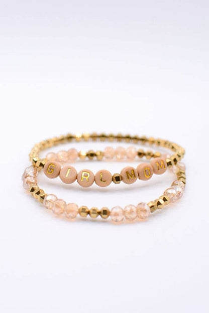 Girl Mom Bracelet Set Pink Beaded on Greatest Blessings card