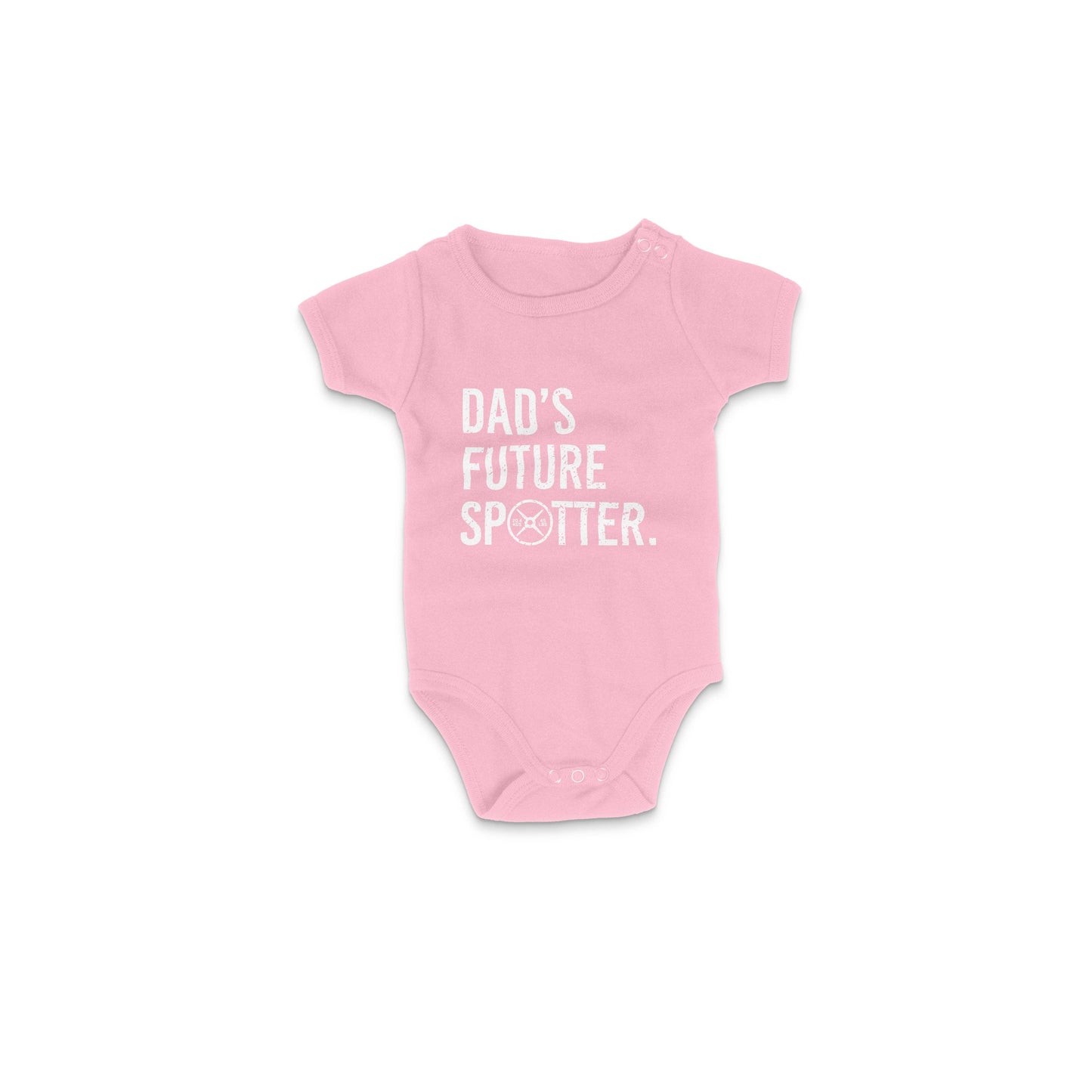 Pink baby onesie with 'Dad's Future Spotter' text on a white background